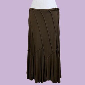 y2k Brown midi skirt with asymmetrical patchwork look, elastic waist